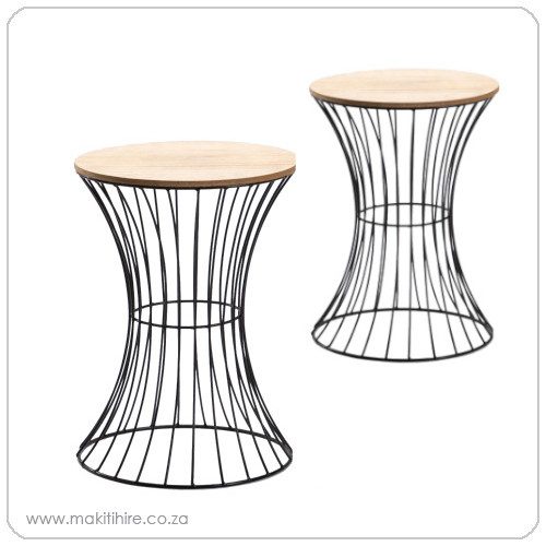 Round metal side table with wooden top