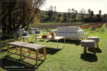 White and wood lounge furniture for weddings and events