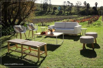 White and wood lounge furniture for weddings and events