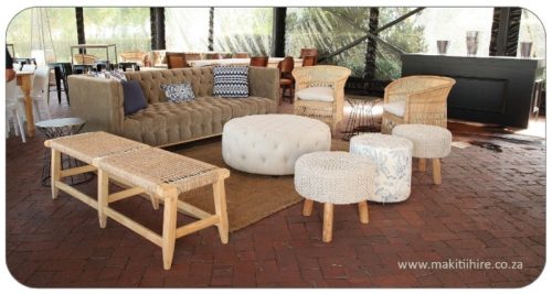 Deepbutton couch, rattan bench with malawian chairs - lounging area