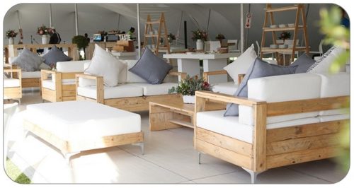 Pallet wood lounge area under tent