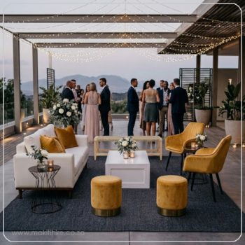 Lounge setting with mustard yellow chairs and ottomans for haire